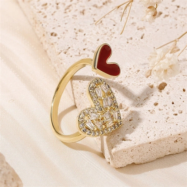 Copper 18K Gold Plated IG Style Cute Romantic Asymmetrical Hollow Out Inlay Heart Shape Zircon Open Rings