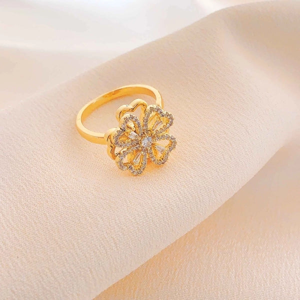 Copper 18K Gold Plated Rotatable Inlay Four Leaf Clover Zircon Open Rings