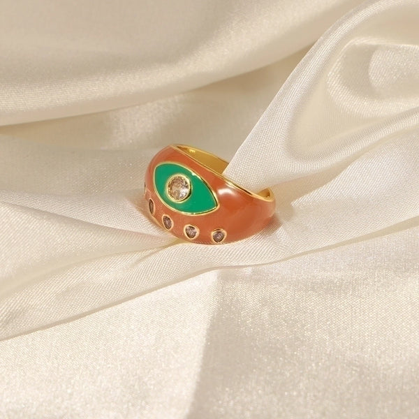 Copper 18K Gold Plated Vacation Minimalist Enamel Plating Inlay Eye Zircon Open Rings