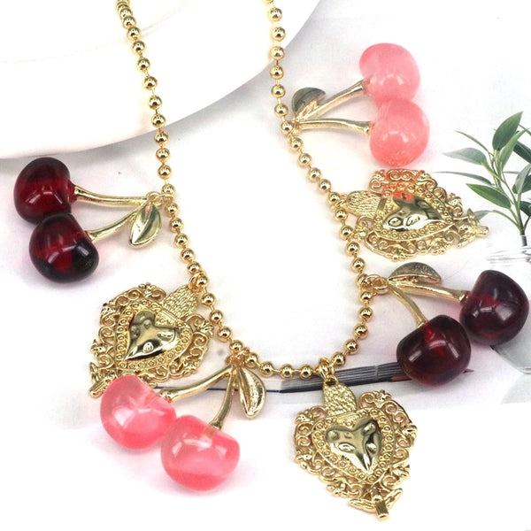 Copper Ball Chain 18K Gold Plated Plating Cherry Heart Shape Pendant Necklace