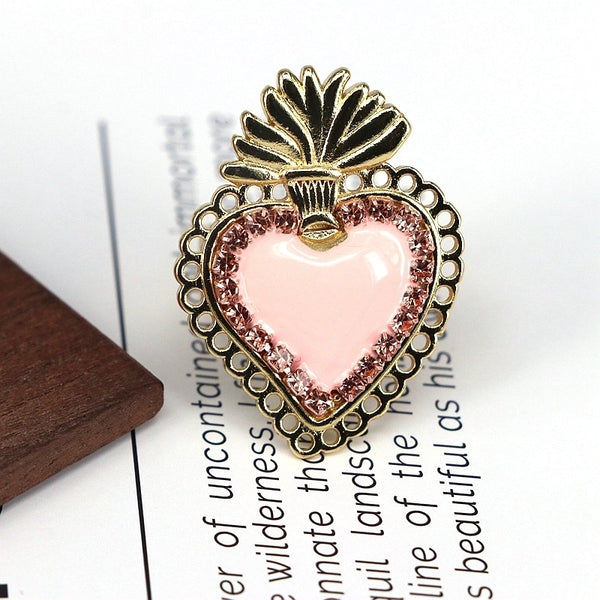 Copper Enamel Inlay Heart Shape Zircon Open Rings