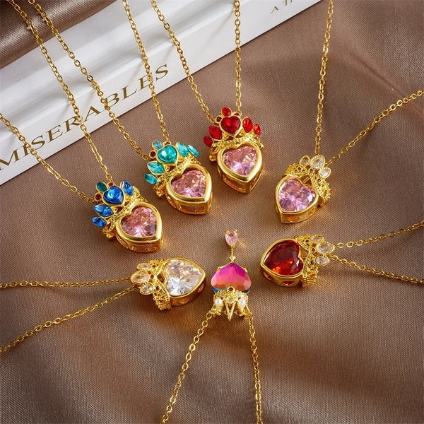 Copper Gold Plated Classic Style Plating Heart Shape Crown Pendant Necklace