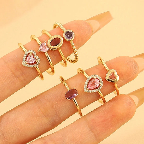 Copper Inlay Geometric Heart Shape Zircon Open Rings