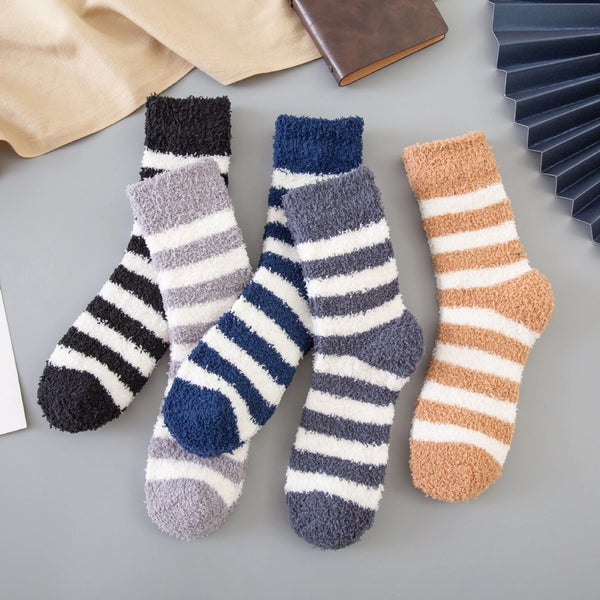 Coral Velvet Socks Men's Striped Half-side Velvet Mid-tube Men's Socks Lint-free Thickened Warm Floor Socks Home Socks Sock