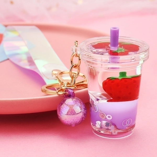 Creative Floating Strawberry Milk Tea Cup Keychain Wholesale