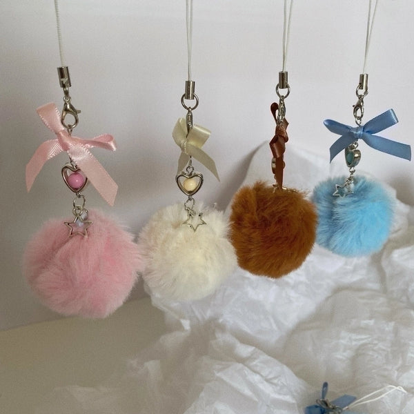 Cute Bow Knot Seto Fur Pom Poms Mobile Phone Chain Keychain