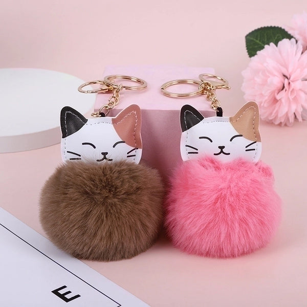 Cute Cat Pu Leather Alloy Plush Printing Bag Pendant Keychain