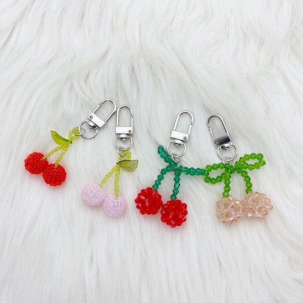 Cute Cherry Beaded Artificial Crystal Alloy Bag Pendant Keychain