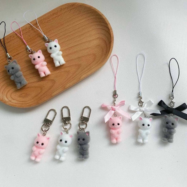 Cute Flocking Kitten Mobile Phone Hanging Chain Bow Cat Keychain Y2K Sweet Cool Girl Heart Bag Pendant