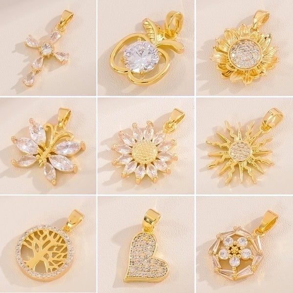 Cute Handmade Shiny Sunflower Leaves Heart Shape Brass 18k Gold Plated Zircon Charms In Bulk