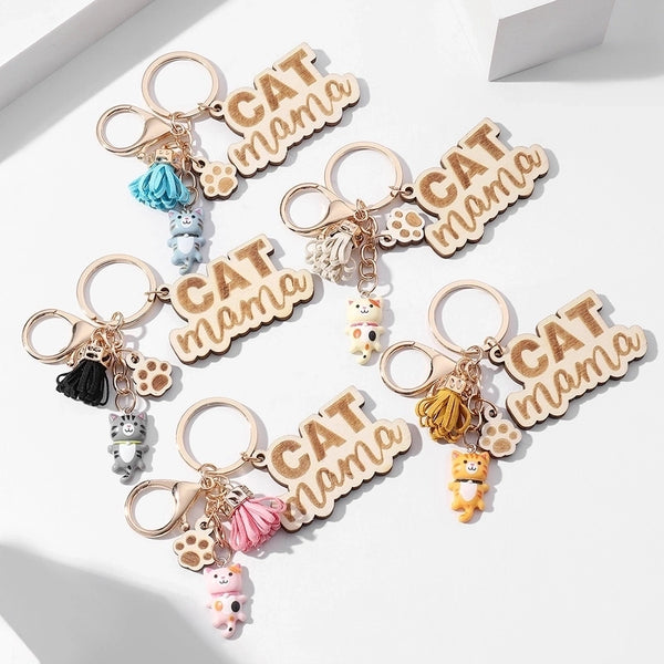 Cute Letter Tassel Cat Wood Mother'S Day Unisex Keychain