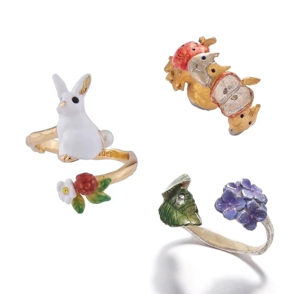 Cute Rabbit Flower Apple Copper Epoxy Open Ring