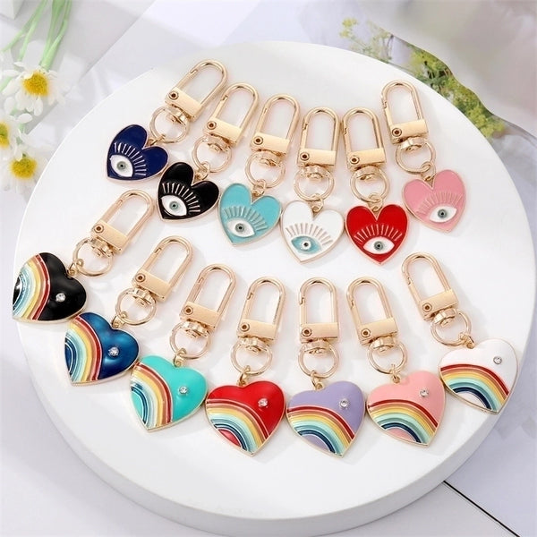 Cute Rainbow Heart Shape Eye Alloy Enamel Inlay Rhinestones Women's Keychain 1 Piece