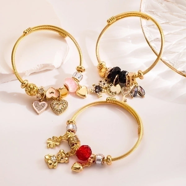 Cute Romantic Sweet Bear Alloy Titanium Steel Plating Inlay Rhinestones Gold Plated Bangle