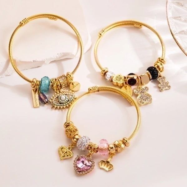 Cute Romantic Sweet Devil's Eye Bear Titanium Steel Beaded Plating Inlay Artificial Crystal Gold Plated Bangle