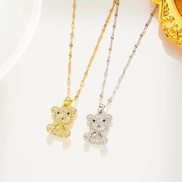 Cute Simple Style Bear Titanium Steel Inlay Zircon Pendant Necklace