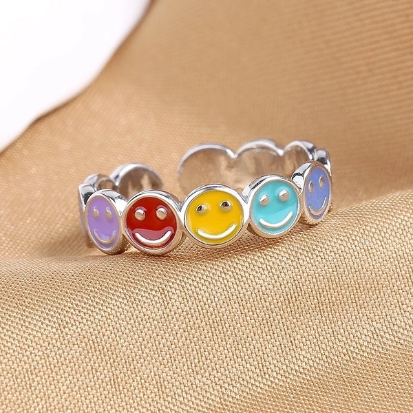 Cute Smile Face Copper Epoxy Open Ring