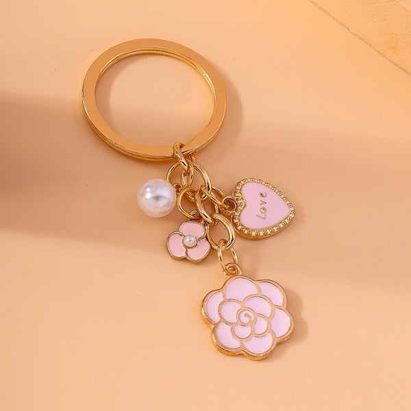 Cute Sweet Heart Shape Flower Alloy Resin Keychain