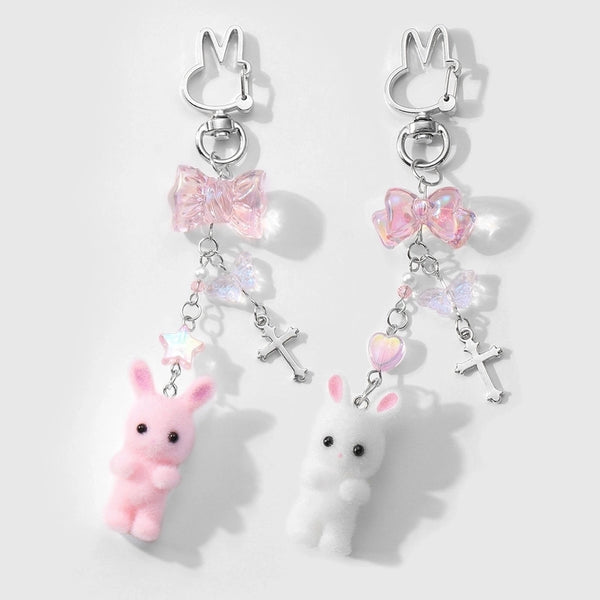 Cute Sweet Rabbit Cross Bow Knot Imitation Pearl Alloy Flocking Women's Keychain