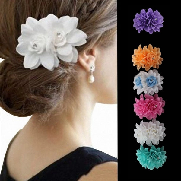 Double Rose Hairpin Ethnic Headwear Bride Flower Head Flower Girls' Dance Performance Rhinestone Hair Accessories Edge Clip