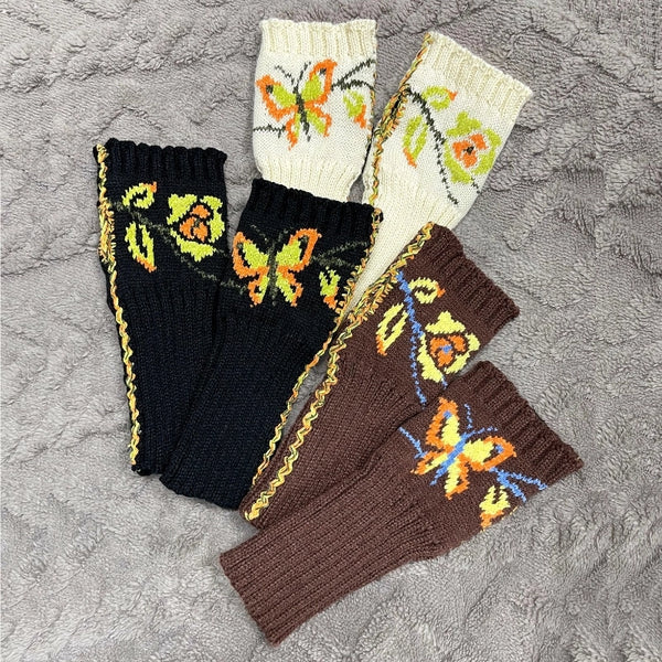 Double-sided Wearable Autumn And Winter Warm Cold-proof Women's Butterfly Jacquard Crocheted Knitted Fingerless Gloves