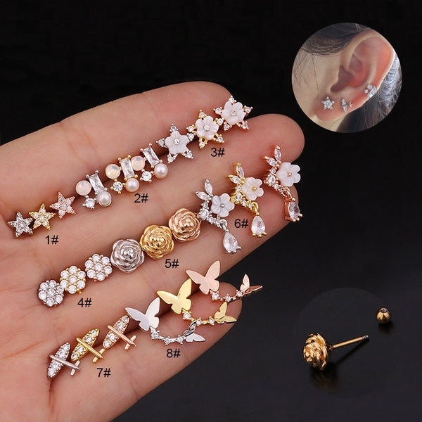 Ear Cartilage Rings & Studs Flower 316L Stainless Steel  Copper Inlaid Zircon