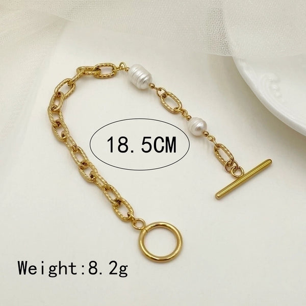 Elegant British Style Solid Color 304 Stainless Steel Gold Plated Pearl Bracelets In Bulk