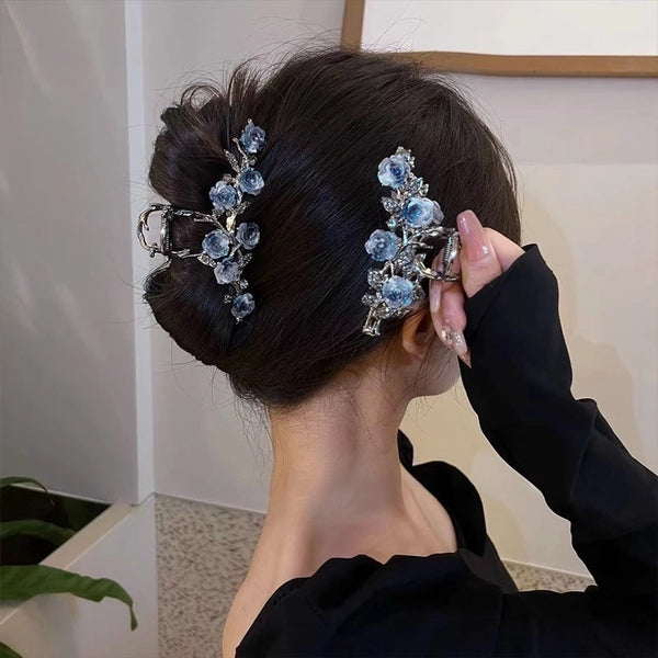 Elegant Fashionable Smoky Gray Camellia Clip French Metal Women's Back Head Elegant Plate Hair Clip Shark Elegant Clip