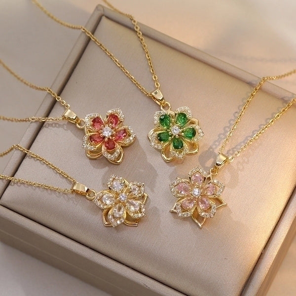 Elegant Flower Titanium Steel Copper Zircon Pendant Necklace In Bulk