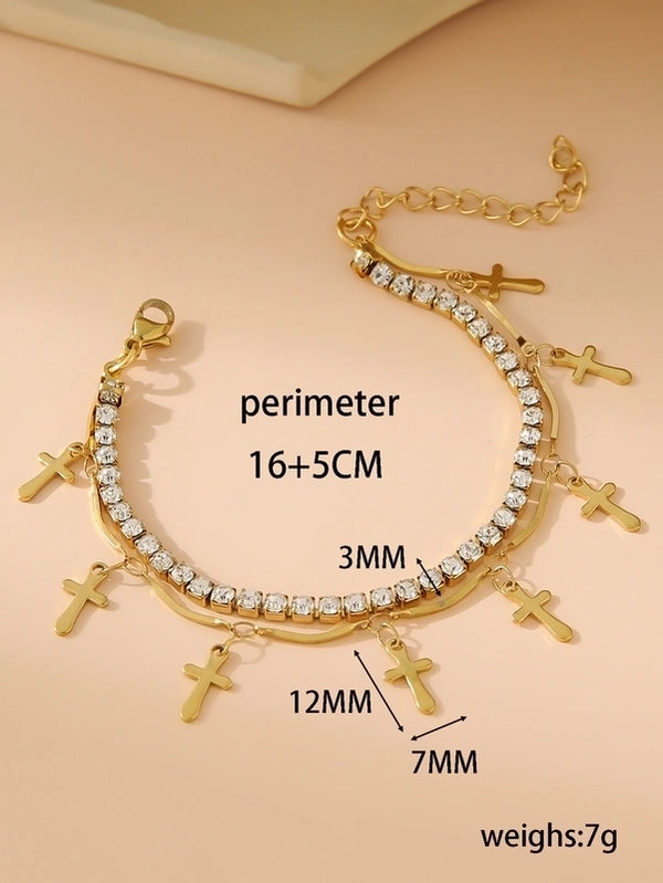 Elegant Glam Cross Star Leaves 304 Stainless Steel 18K Gold Plated Rhinestones Stainless Steel Bracelets In Bulk