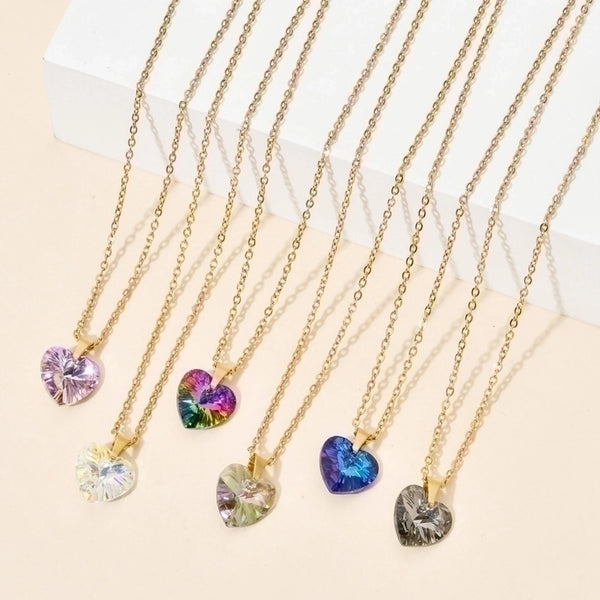 Elegant Lady Heart Shape Stainless Steel Glass Plating Pendant Necklace