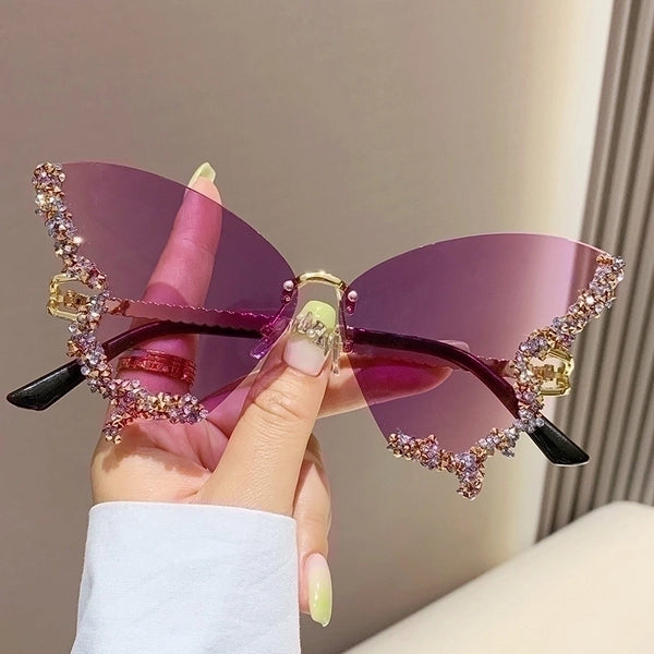 Elegant Modern Style Butterfly Pc Butterfly Frame Diamond Frameless Women's Sunglasses