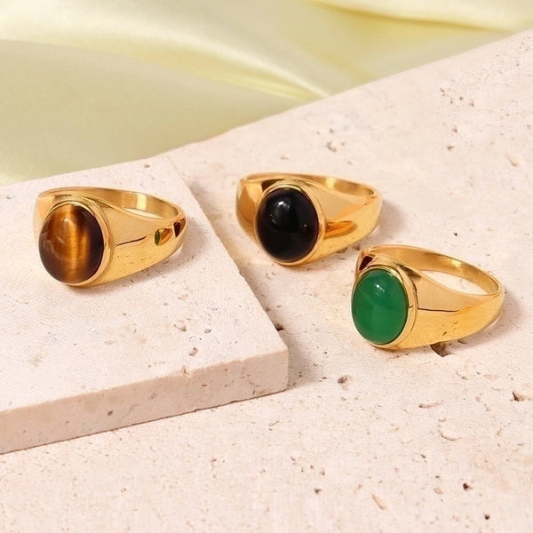 Elegant Oval Stainless Steel Plating Inlay Natural Stone 18k Gold Plated Rings