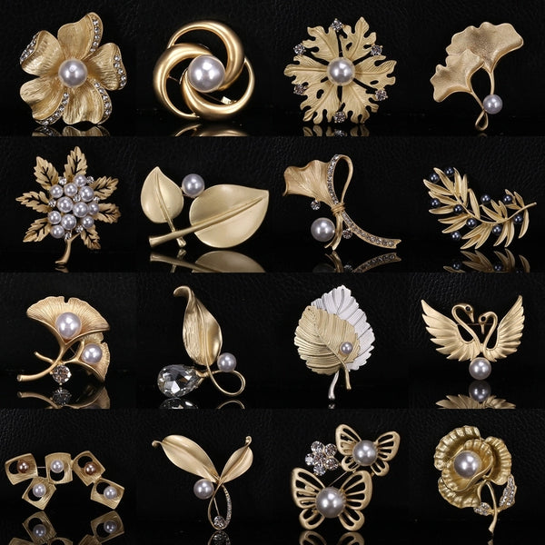 Elegant Pin Leaves Flower Bow Knot Alloy Inlay Rhinestones Pearl Women's Brooches