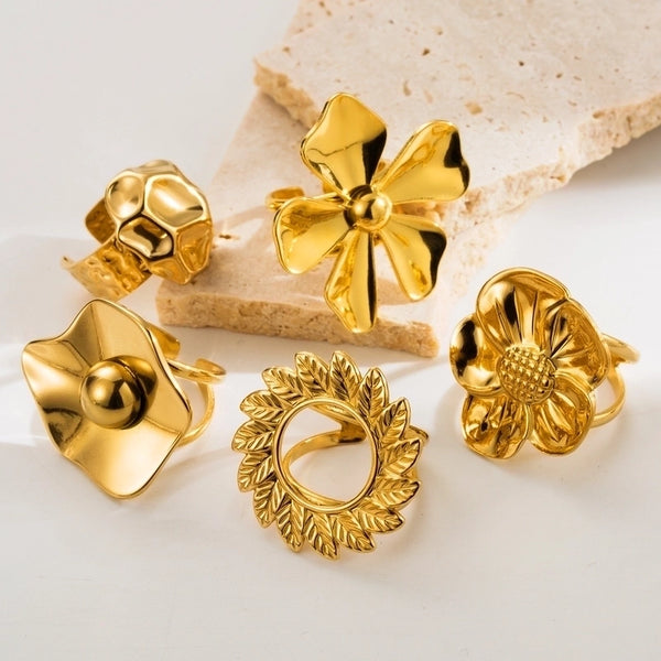 Elegant Retro Geometric Flower Stainless Steel Plating 18k Gold Plated Open Rings