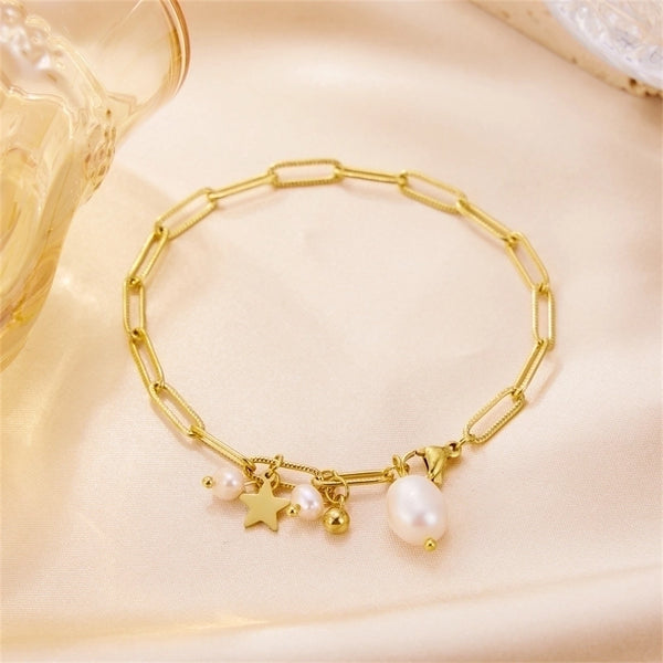 Elegant Retro Star Stainless Steel Freshwater Pearl Plating 18k Gold Plated Bracelets