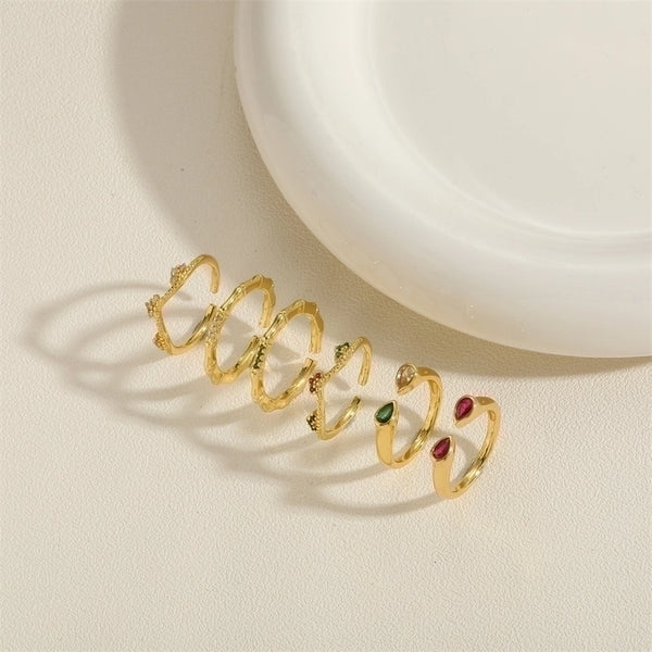 Elegant Minimalist Water Droplets Copper Plating Inlay Zircon 14k Gold Plated Open Rings