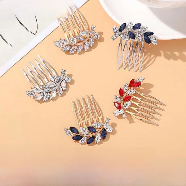 Factory Wholesale Korean Version Of The Bridal Headdress Plate Hair Fork Comb Diamond Willow Leaf Insert Comb Rhinestone Alloy Hair Comb Creative Fashion