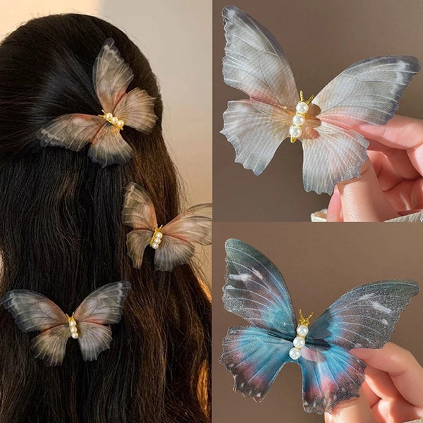 Fairy Spirit Tulle Butterfly Hairpin Female Photo Props Portrait Pearl Edge Clip Hairpin Headwear Antique Elegant Hair