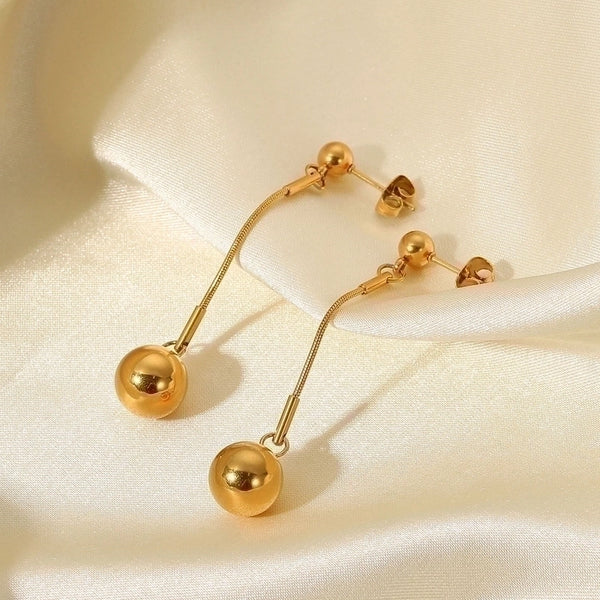 Fashion 18k Gold Long Small Golden Balls Stainless Steel Eardrops Earrings