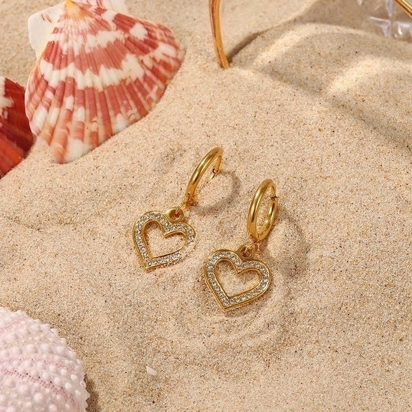 Fashion 18k Gold Stainless Steel Hollow Heart-shaped Zircon Heart-shaped Pendant Earrings