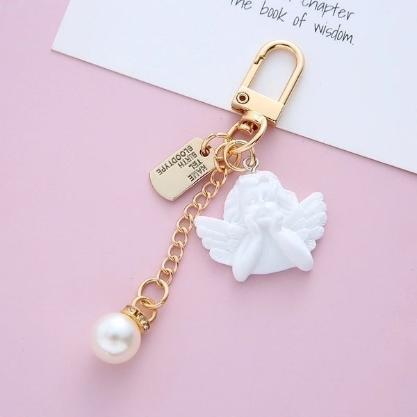 Fashion Angel Heart Shape Alloy Resin Inlay Rhinestones Pearl Women's Keychain 1 Piece