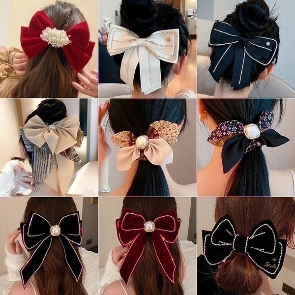 Fashion Bow Knot Cloth Inlay Artificial Pearls Artificial Diamond Hair Clip 1 Piece