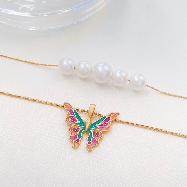 Fashion Butterfly Alloy Enamel Plating Artificial Pearls Women's Layered Necklaces 1 Piece