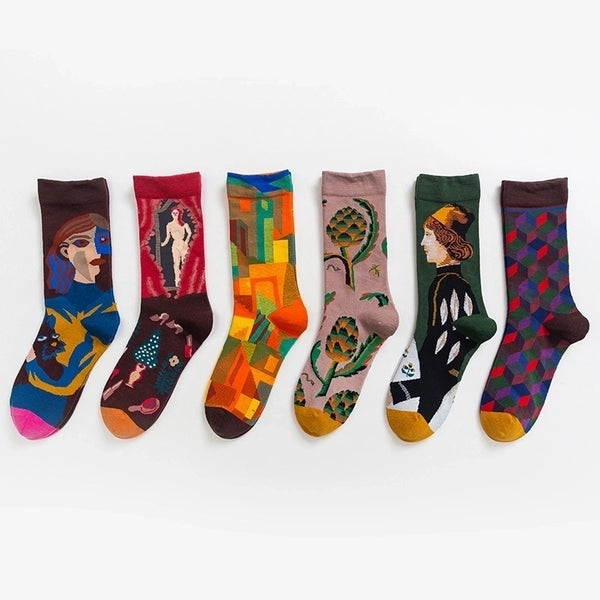 Fashion Contrast Color Art Printing Mid-tube Cotton Socks