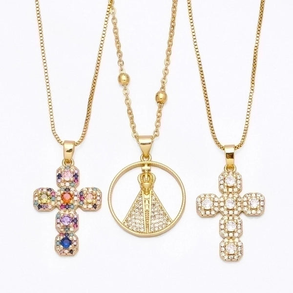 Fashion Copper Inlaid Colored Zircon Cross Pendant Necklace Jewelry