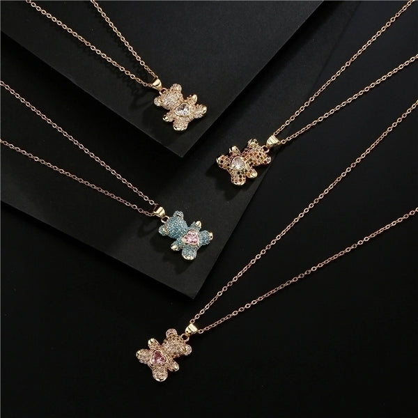 Fashion Copper Micro-inlaid Color Zirconium Turquoise Heart Bear Pendant Necklace