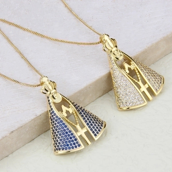 Fashion Cross Crown Shape Virgin Maria Pendant Inlaid Zircon Copper Necklace Wholesale