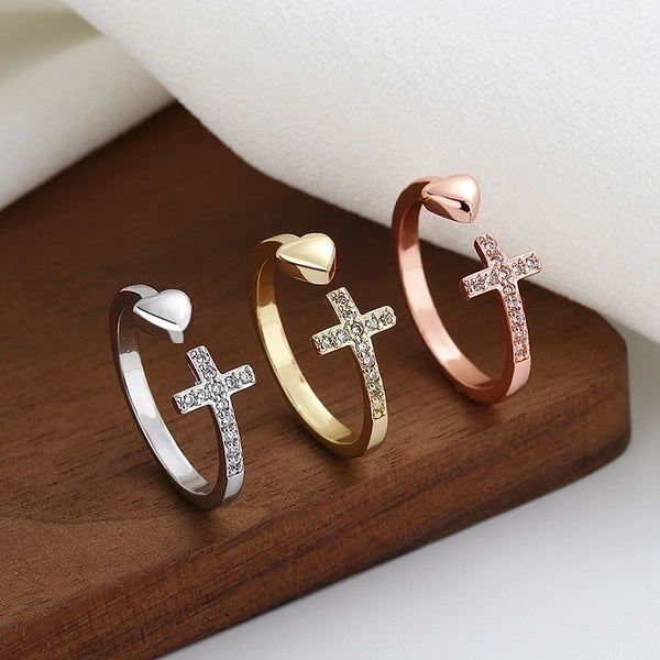 Fashion Cross Heart Shape Copper Inlay Rhinestones Rings