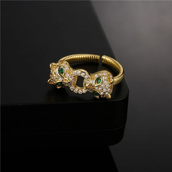 Fashion Double-headed Jaguar Copper Micro-inlaid Opening Ring